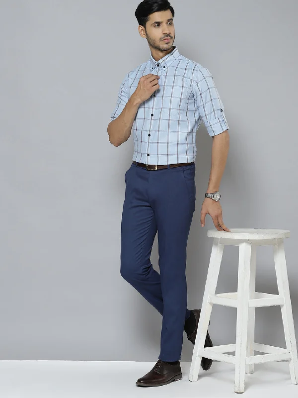 Men's Minimalist Shirts for a Clean LookMen Blue  Black Pure Cotton Smart Slim Fit Windowpane Checks Formal Shirt