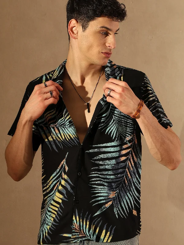 Men's Insulated Shirts for Cold WeatherBlack Tropical Print Oversized Casual Shirt