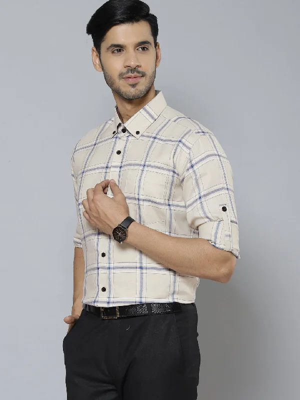 Men's Easy-Care Shirts for Busy LifestylesMen Cream-Coloured  Blue Smart Slim Fit Checked Formal Shirt