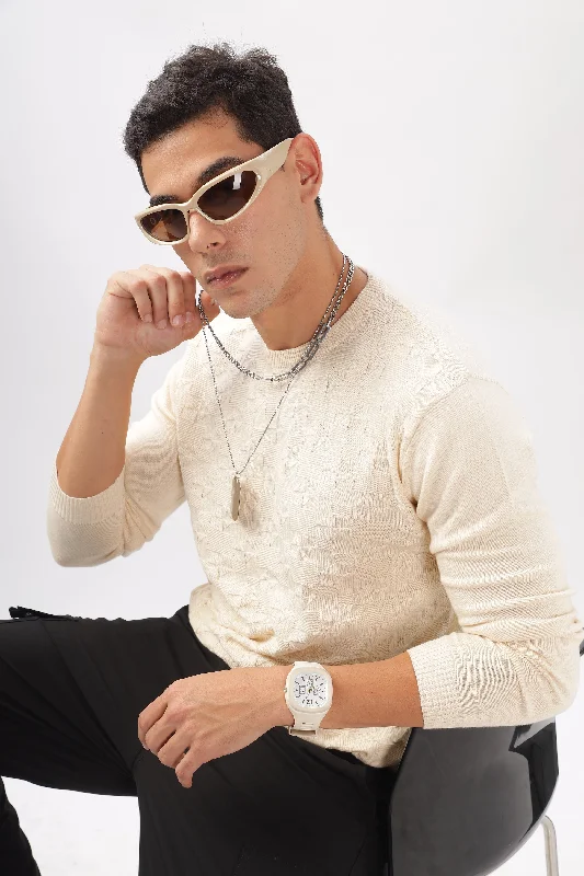 Men's Shirts with Single-Breasted DesignsGeometric Knitted Cream Full-Sleeve T-Shirt