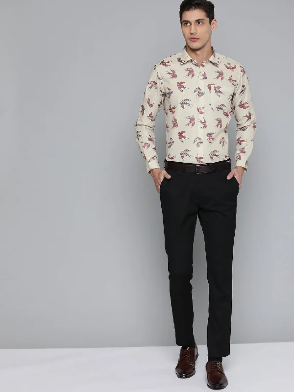 Men's Checkered Shirts for a Retro FeelMen Beige Smart Slim Fit Printed Formal Shirt