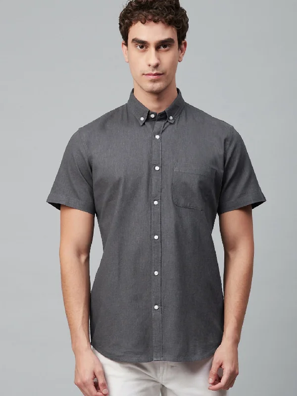 Men's Insulated Shirts for Cold WeatherMen Charcoal Grey Smart Slim Fit Solid Cotton Linen Casual Shirt