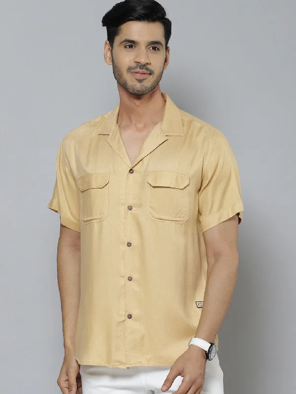 Men's Minimalist Shirts for a Clean LookMen Beige Solid Cuban Collar Smart Regular Fit Casual Shirt