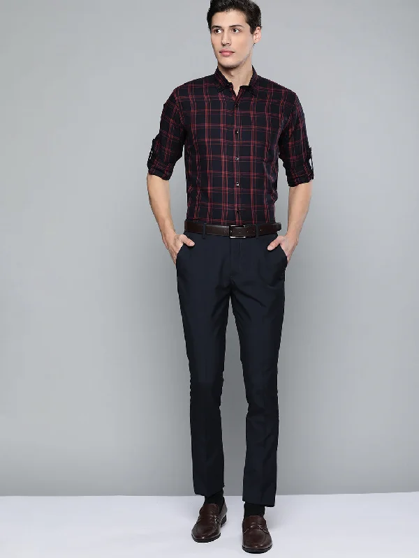 Men's Tailored Shirts for a Sharp AppearanceMen Navy Blue  Red Pure Cotton Smart Fit Tartan Checked Formal Shirt