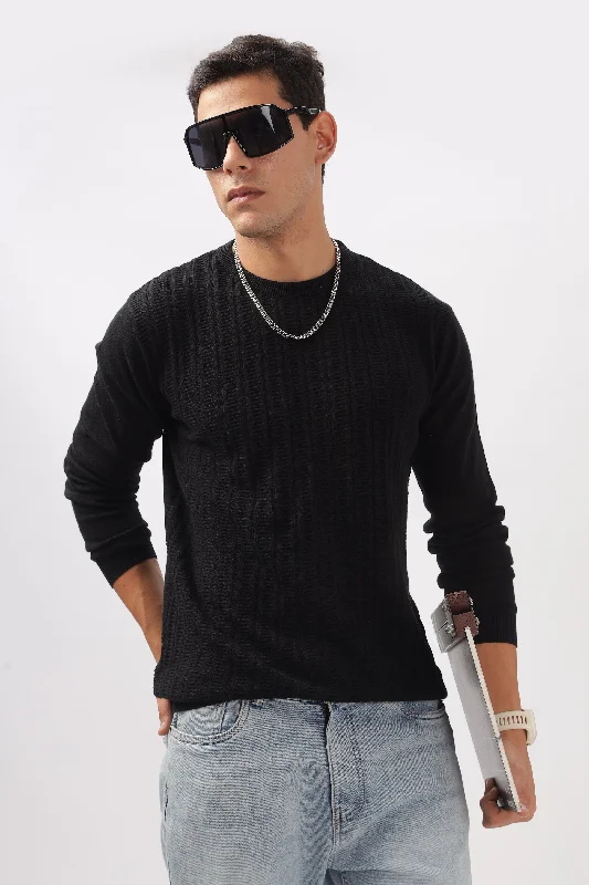 Elegant Men's Dress ShirtsStripes Knitted Black Full-Sleeve T-Shirt