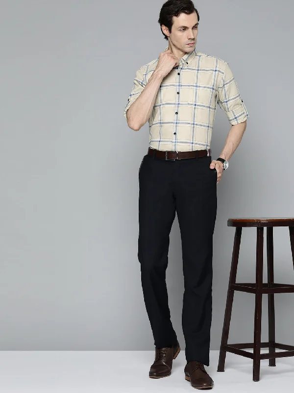 Men's Luxury Shirts for High-End FashionDENNISON Men Cream-Coloured Cotton Smart Slim Fit Checked Formal Shirt