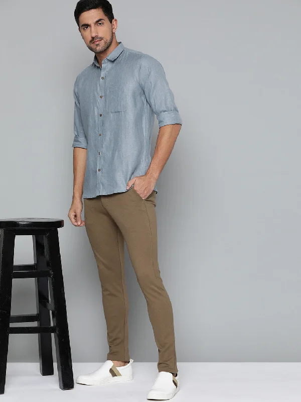 Men's Pattern Mixing Shirts for Creative StyleMen Blue Solid Hemp Smart Slim Fit Casual Shirt