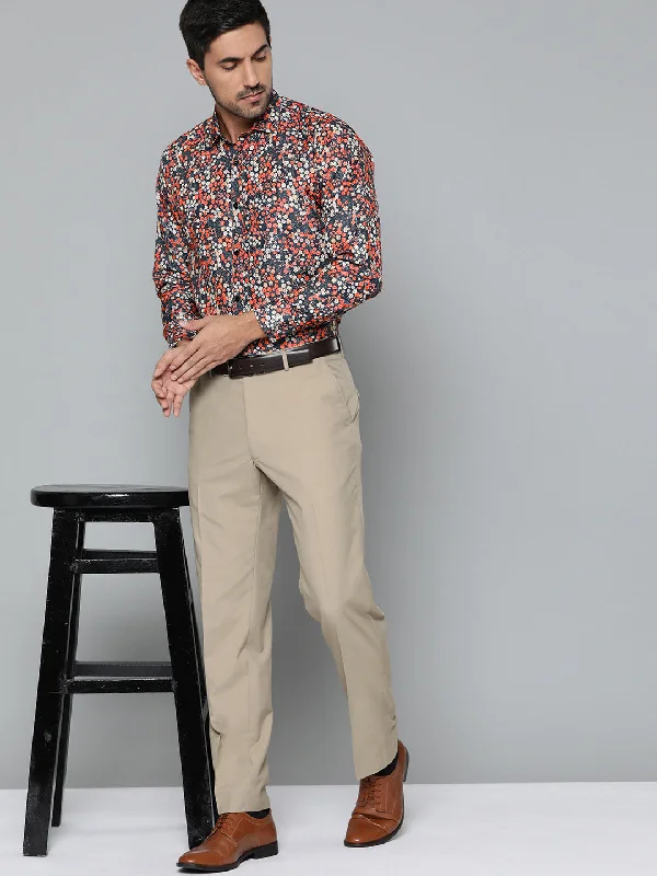 Men's Short-Sleeve Shirts for Warm WeatherMen Navy Blue Smart Slim Fit Floral Printed Formal Shirt