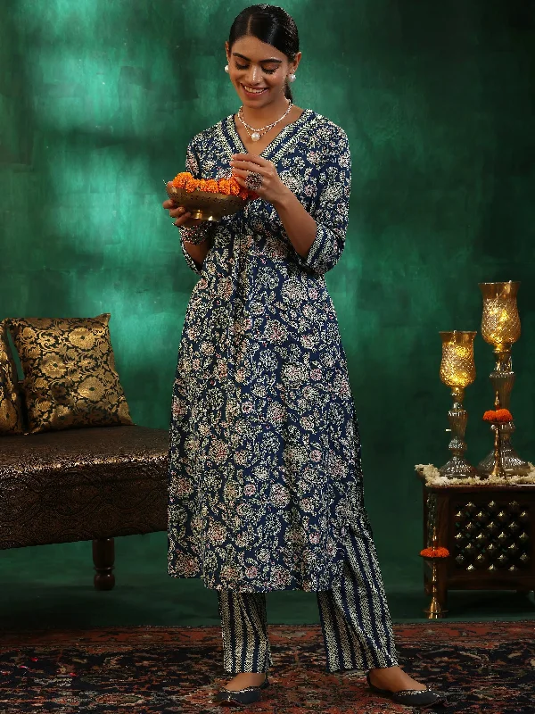 Blue Printed Cotton Straight Kurta Set