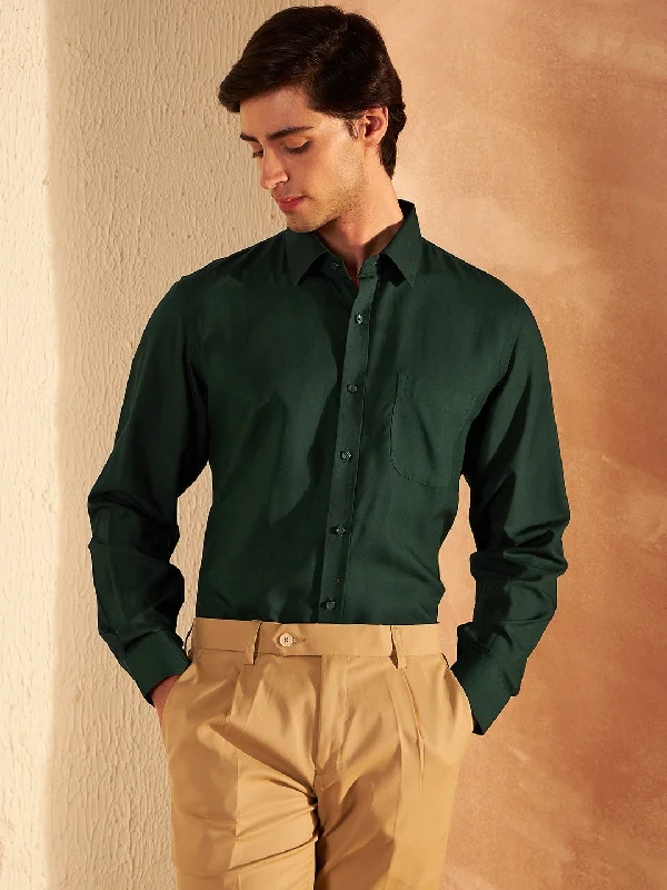 Men's Wingtip-Collar Shirts for a Classic TouchDENNISON Men Green Solid Formal Shirt