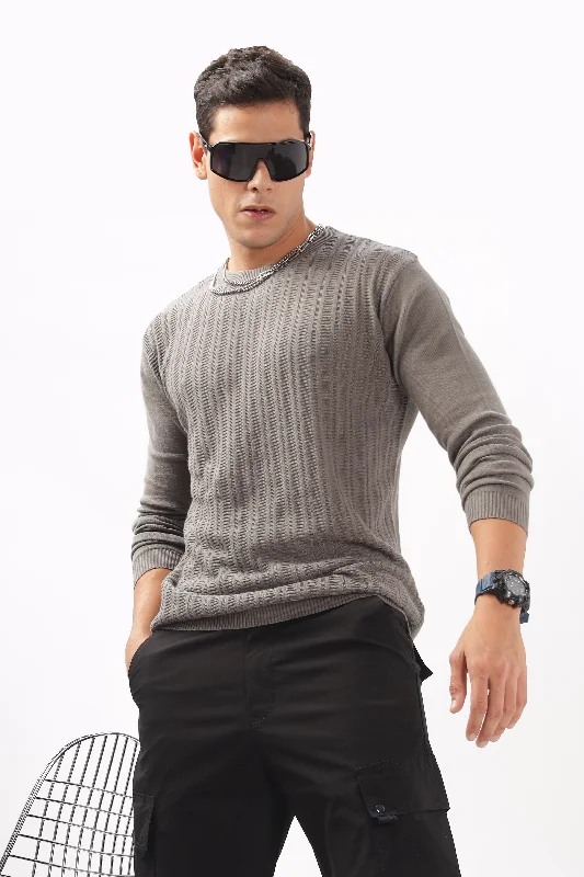 Men's Shirts with Belt LoopsStripes Knitted Gray Full-Sleeve T-Shirt
