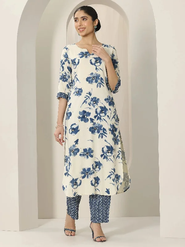 Blue Printed Viscose Rayon Straight Kurta Set
