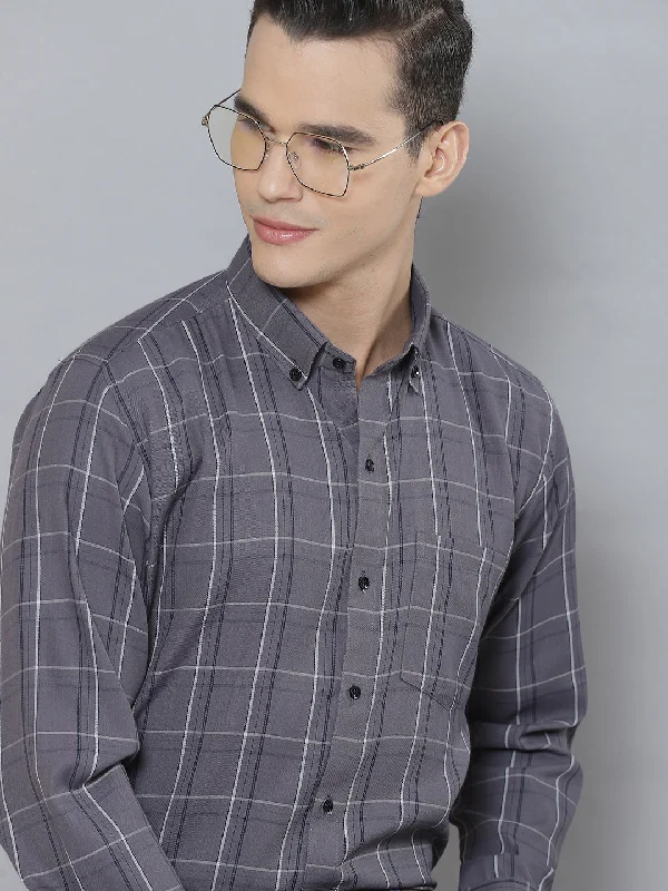 Men's Button-Down Collar Shirts for Staying PolishedMen Charcoal Smart Tartan Checked Formal Shirt