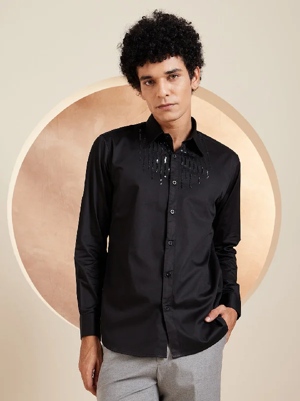 Men's Color-Blocking Shirts for a Statement LookDENNISON Smart Self Design Spread Collar Long Sleeve Cotton Embellished Shirt