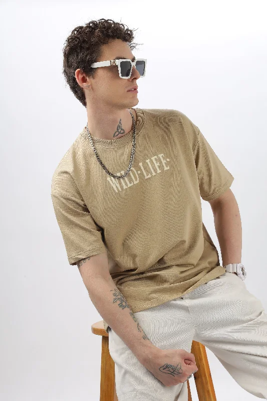 Men's Shirts with Patchwork SleevesWild Life Printed Beige T-shirt