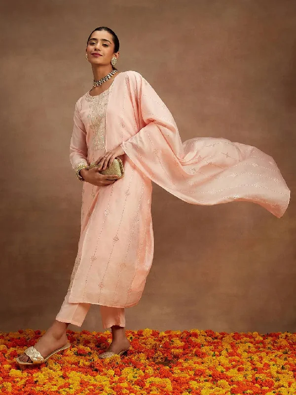 Peach Embroidered Silk Straight Suit With Dupatta