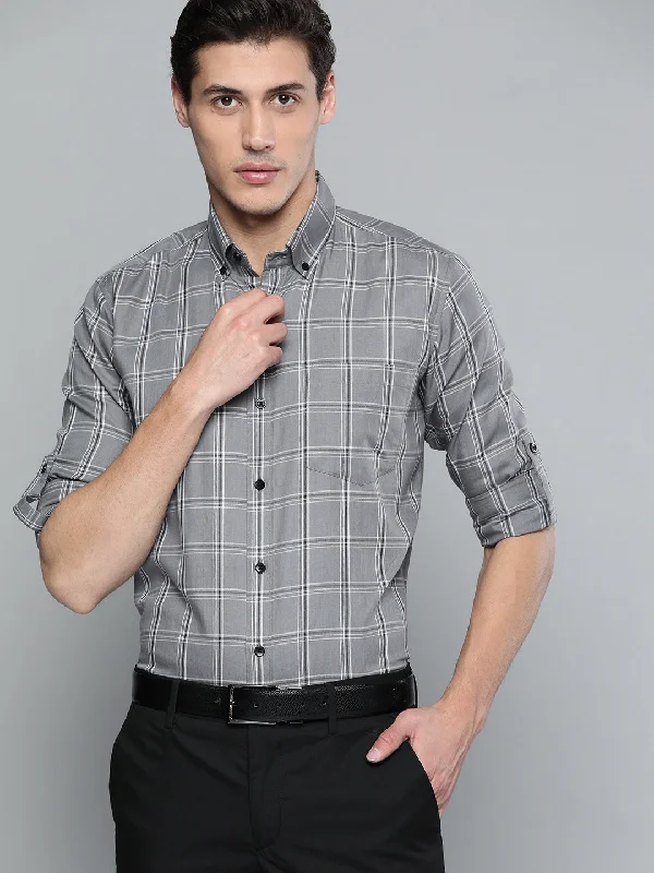 Men's Patterned Button-Down Shirts for Added InterestMen Grey  Black Pure Cotton Smart Fit Tartan Checks Checked Formal Shirt