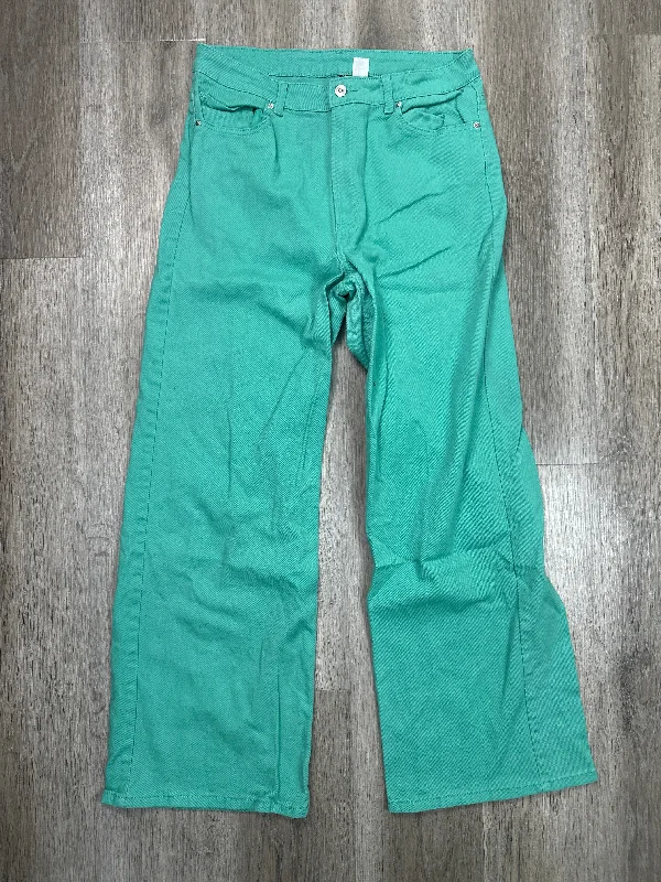 Designer Fedora HatsJeans Flared By Divided In Green Denim, Size: L