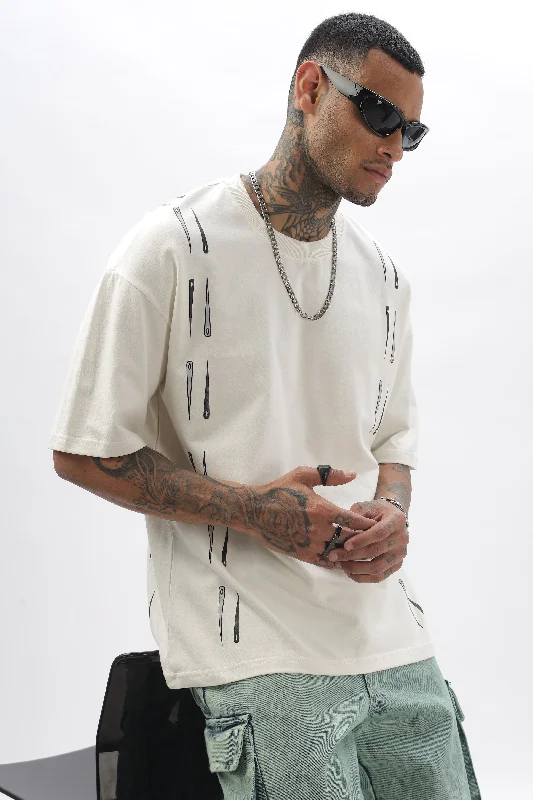 Men's Shirts with Embellished SleevesNeedleFlow Cream Dropshoulder Tee