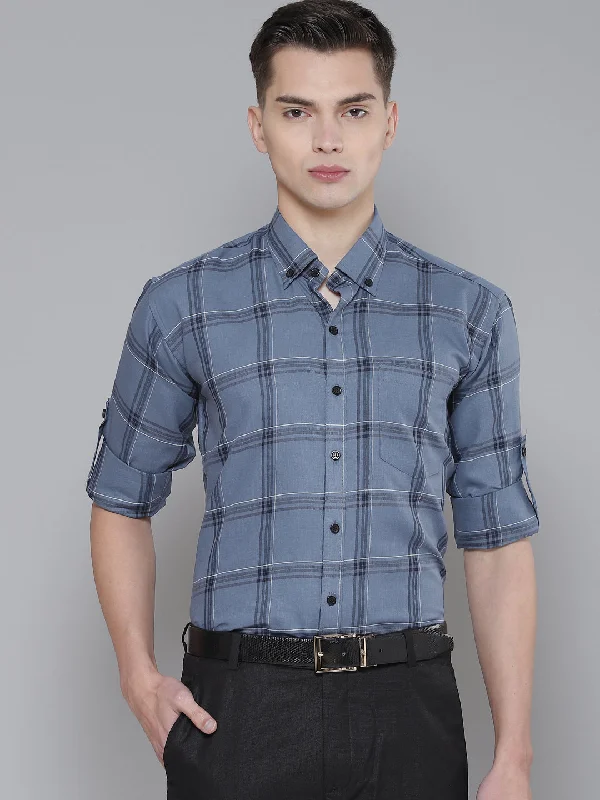 Men's Patterned Casual Shirts for Relaxed StylingMen Blue Smart Slim Fit Checked Formal Shirt