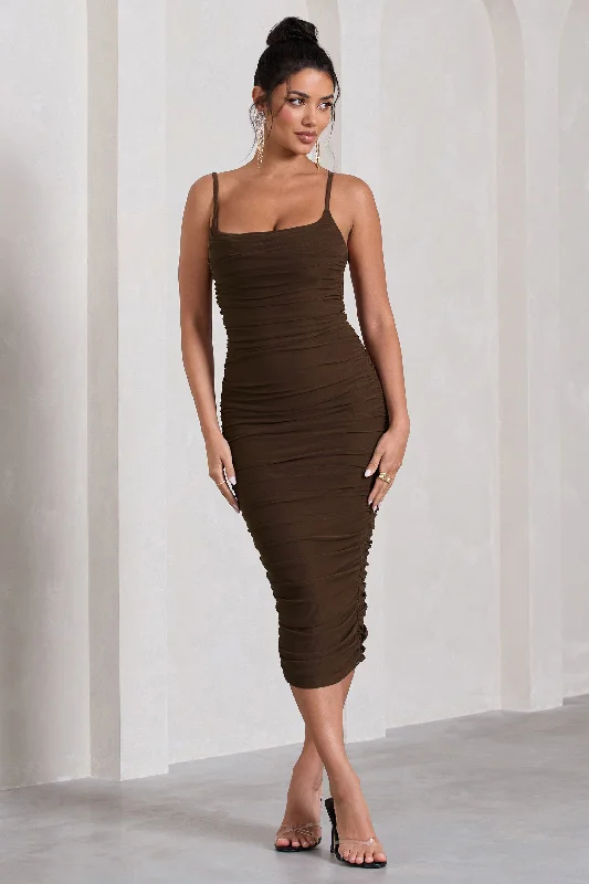 Bree | Chocolate Ruched Mesh Strappy Bodycon Midi Dress