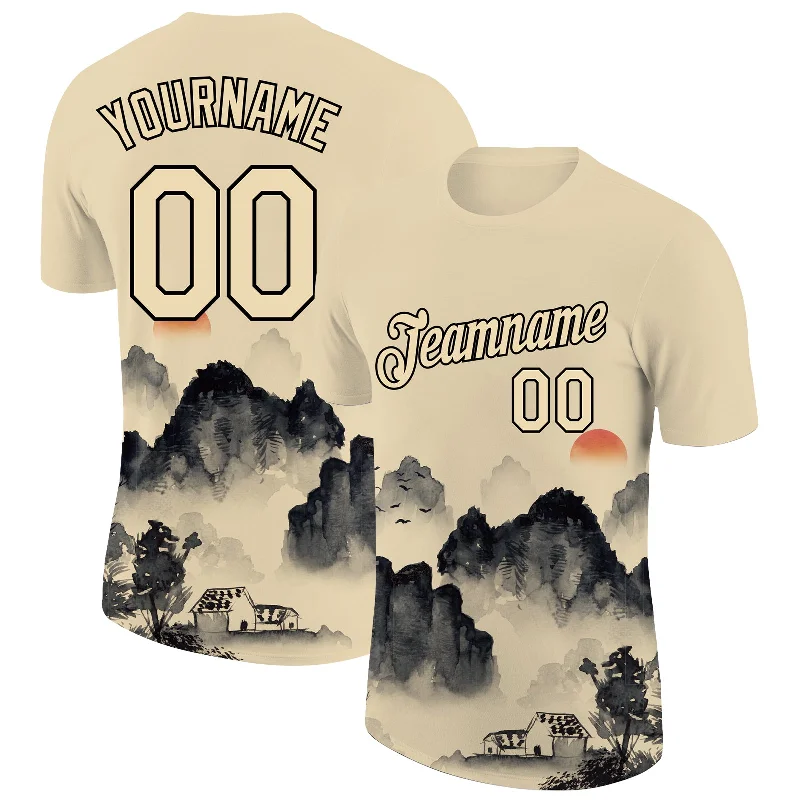 City Cream Black 3D Pattern Design Mountain Performance T-Shirt