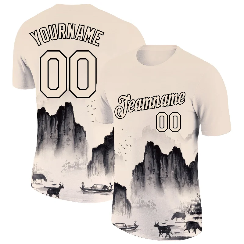 Cream Black 3D Pattern Design Mountain Performance T-Shirt