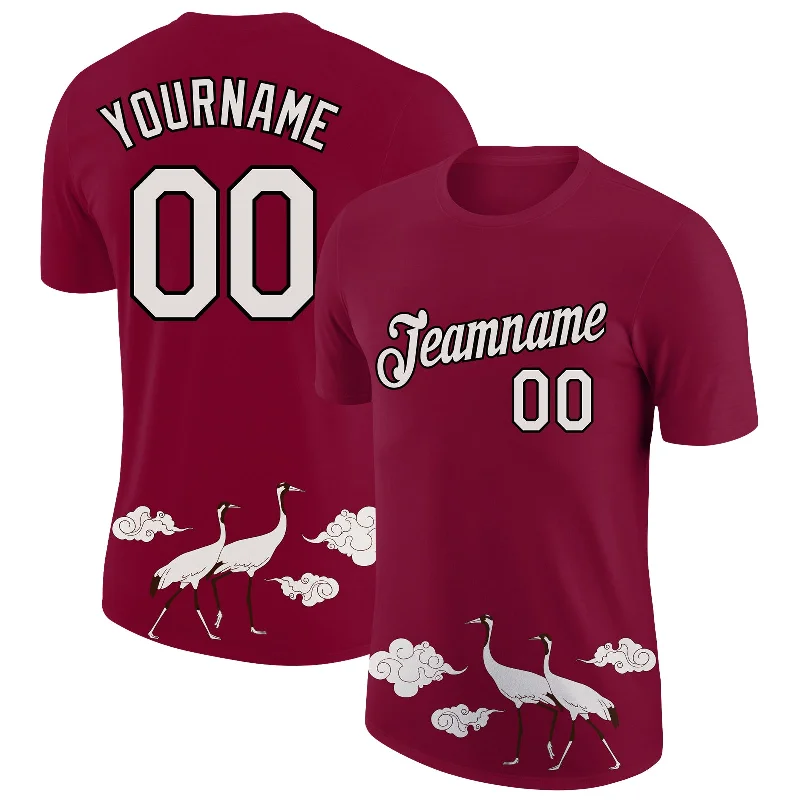 Maroon White-Black 3D Pattern Design Animal Crane Performance T-Shirt