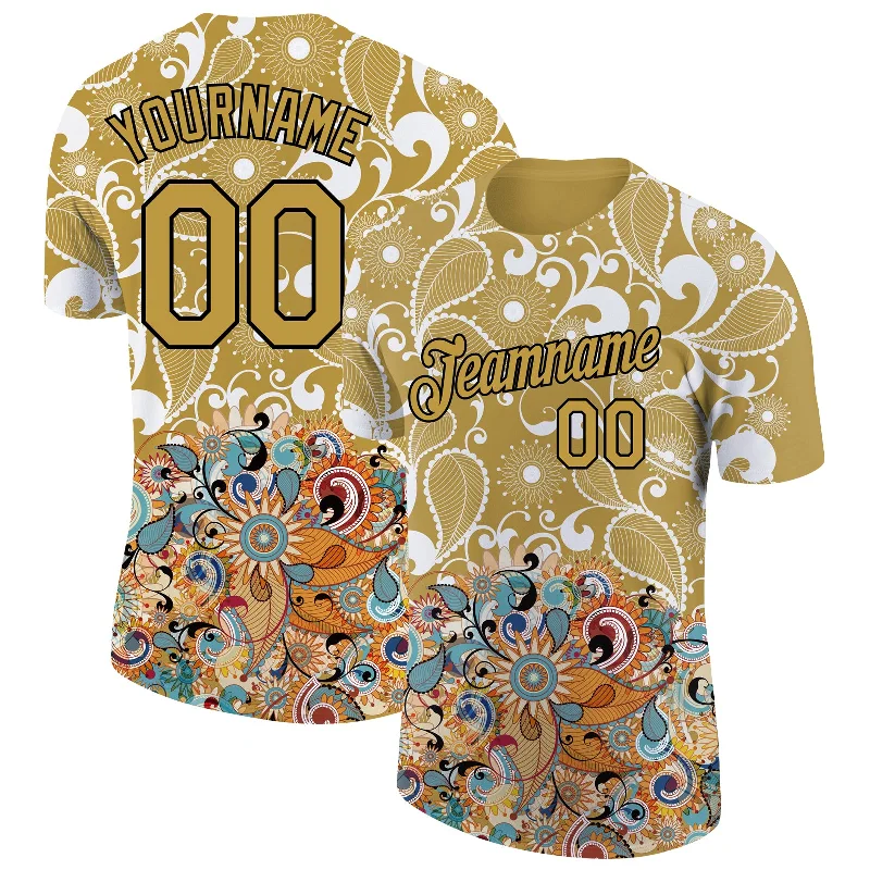 Old Gold Black 3D Pattern Floral Design Performance T-Shirt