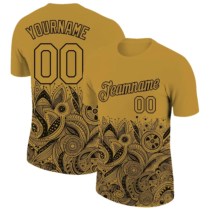 Old Gold Black 3D Pattern Floral Design Performance T-Shirt