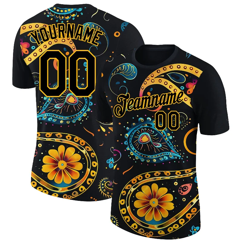 Black Gold 3D Pattern Floral Design Performance T-Shirt