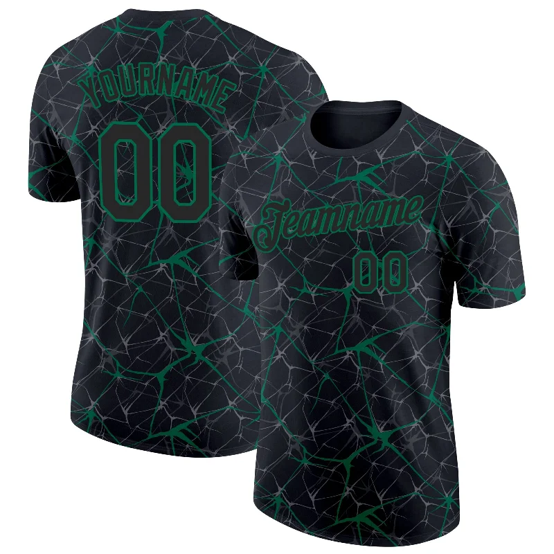 Black Kelly Green 3D Pattern Design Abstract Network Performance T-Shirt