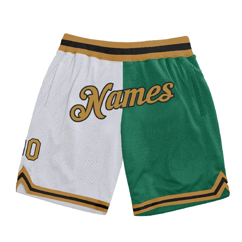 White Old Gold-Kelly Green Authentic Throwback Split Fashion Basketball Shorts