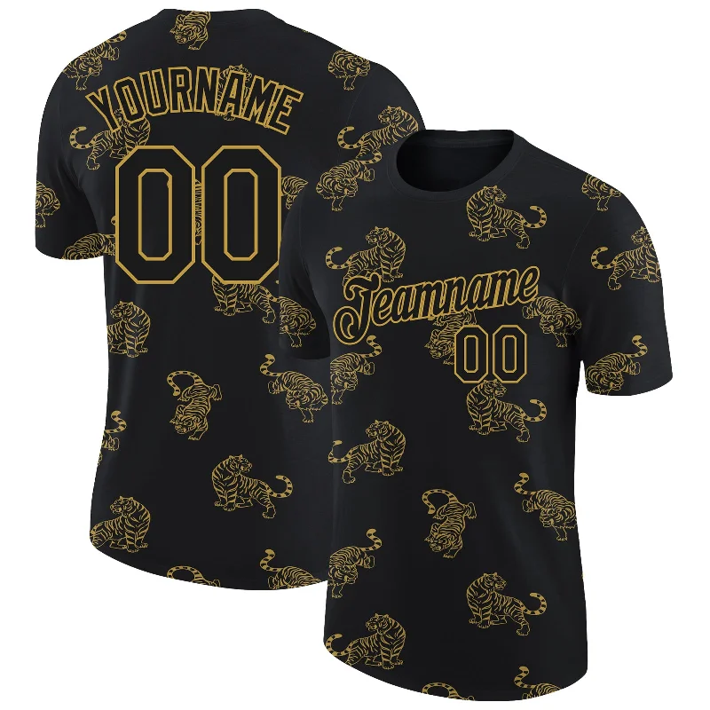 Black Old Gold 3D Pattern Design Tiger Performance T-Shirt