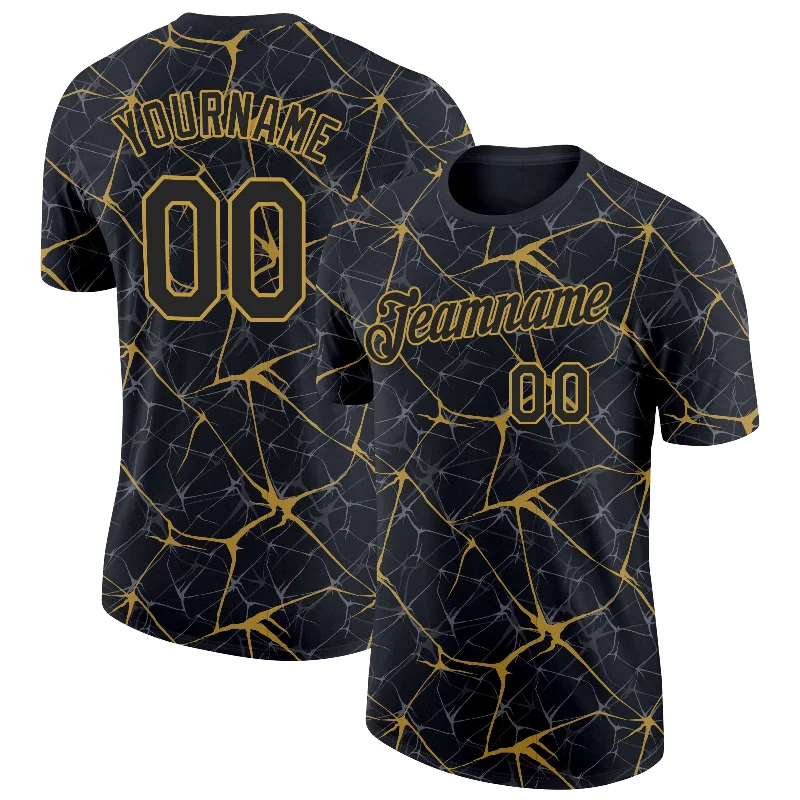 Black Old Gold 3D Pattern Design Abstract Network Performance T-Shirt