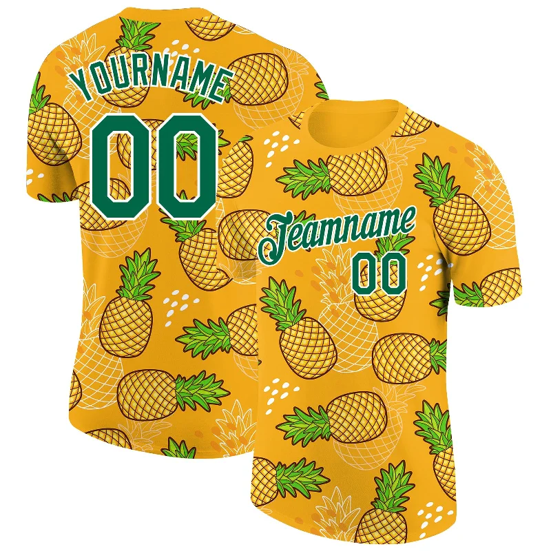 Gold Kelly Green-White 3D Pattern Design Tropical Pineapple Performance T-Shirt