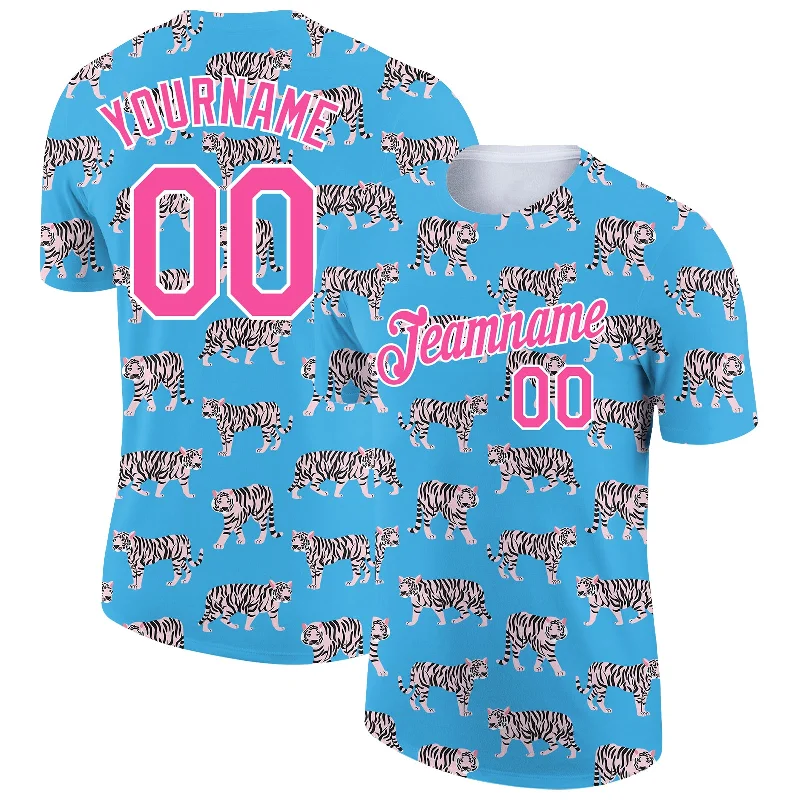 Light Blue Pink-White 3D Pattern Design Tiger Performance T-Shirt