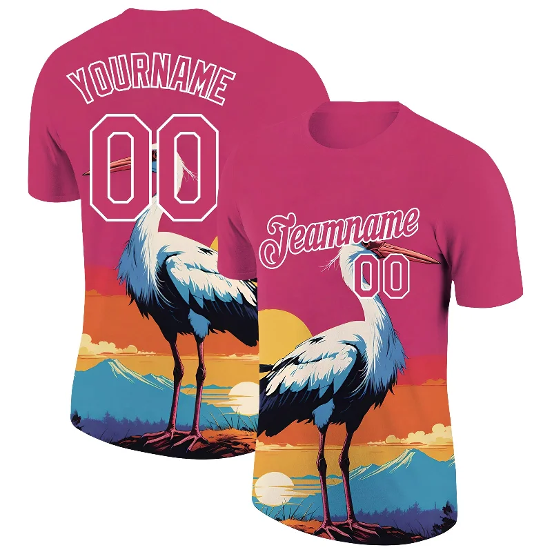 Neon Pink White 3D Pattern Design Animal Crane Performance T-Shirt