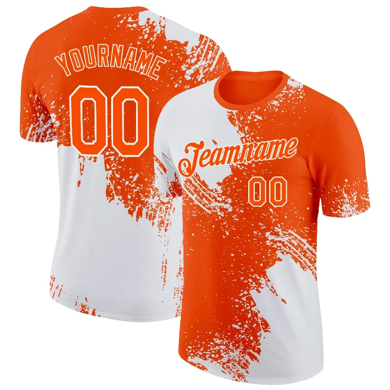 White Orange 3D Pattern Design Abstract Brush Stroke Performance T-Shirt