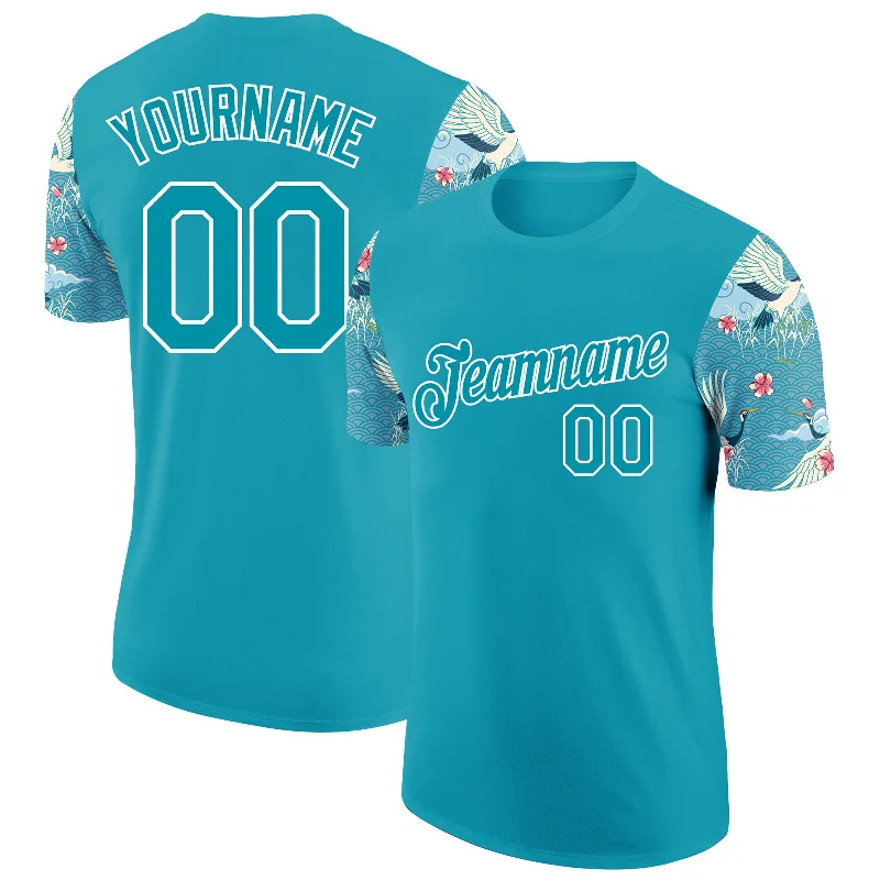 Teal White 3D Pattern Design Animal Crane Performance T-Shirt