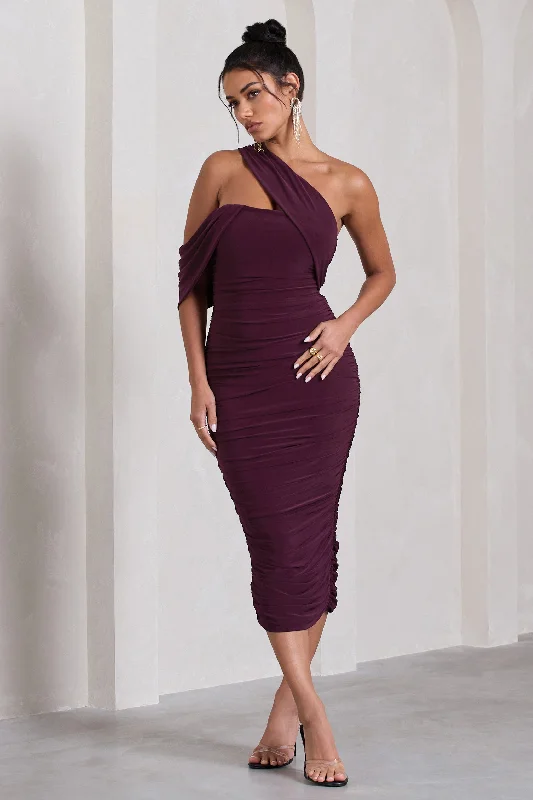 Cici | Plum Asymmetric One Shoulder Ruched Midi Dress