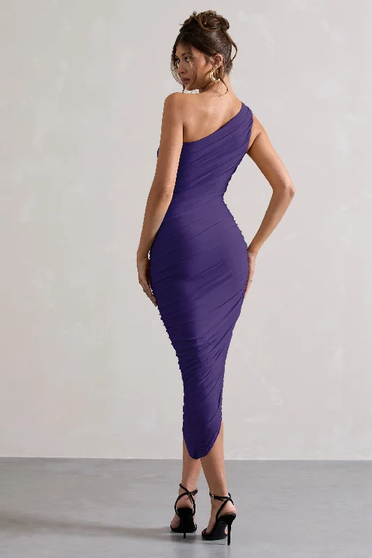 Dorit | Purple One Shoulder Asymmetric Ruched Midi Dress