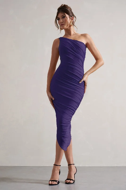 Dorit | Purple One Shoulder Asymmetric Ruched Midi Dress