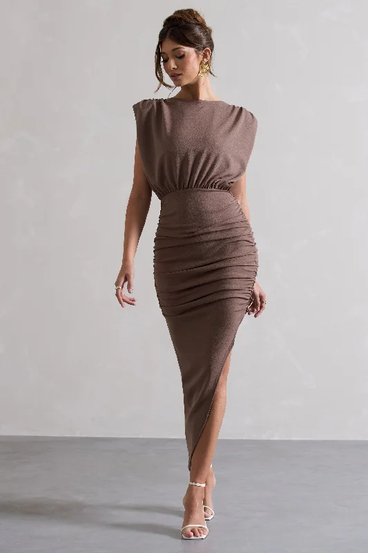 Jennifer | Mocha Sleeveless Maxi Dress With Asymmetric Hem