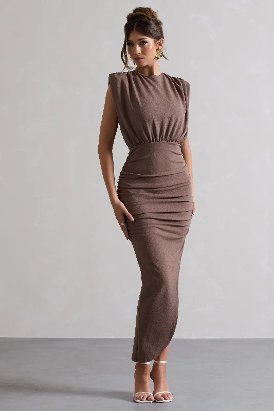 Jennifer | Mocha Sleeveless Maxi Dress With Asymmetric Hem