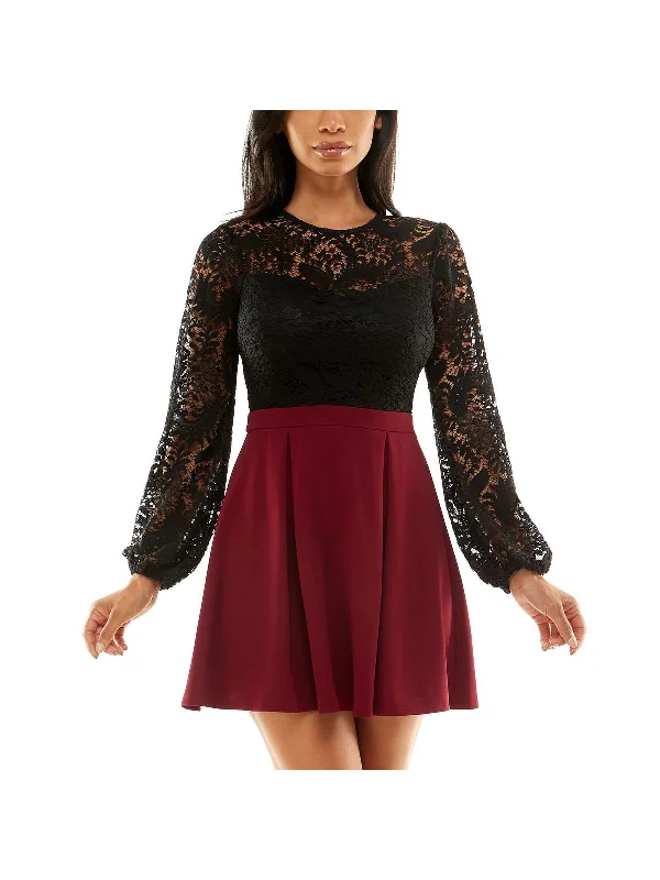 Juniors Womens Lace Colorblock Cocktail and Party Dress