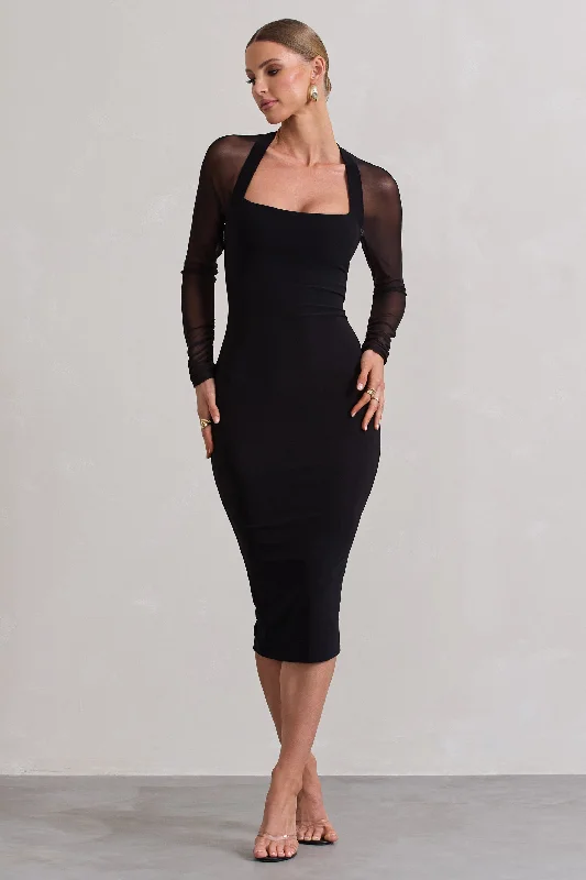 Off Track | Black Bodycon Midi Dress With Sheer Sleeves