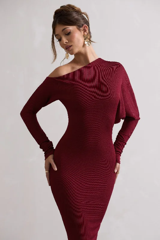 Thora | Berry Rib Knit One-Shoulder Midi Dress