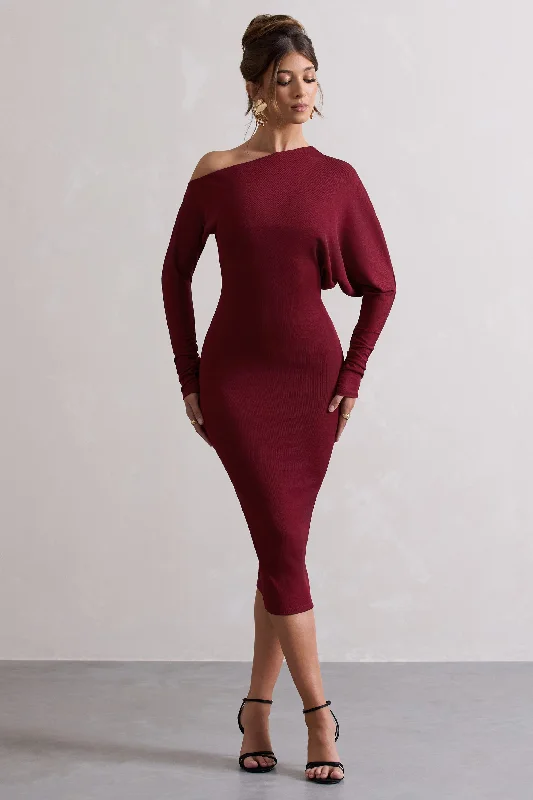 Thora | Berry Rib Knit One-Shoulder Midi Dress