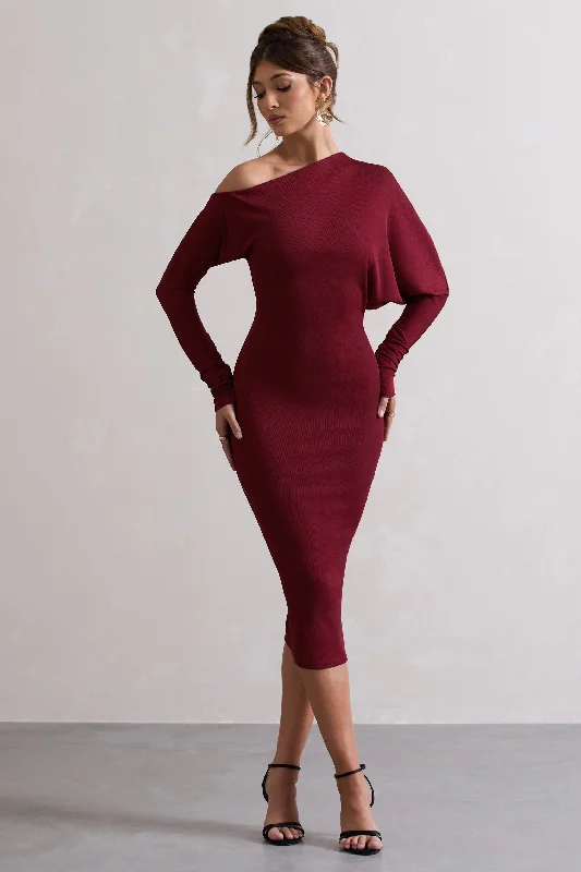 Thora | Berry Rib Knit One-Shoulder Midi Dress